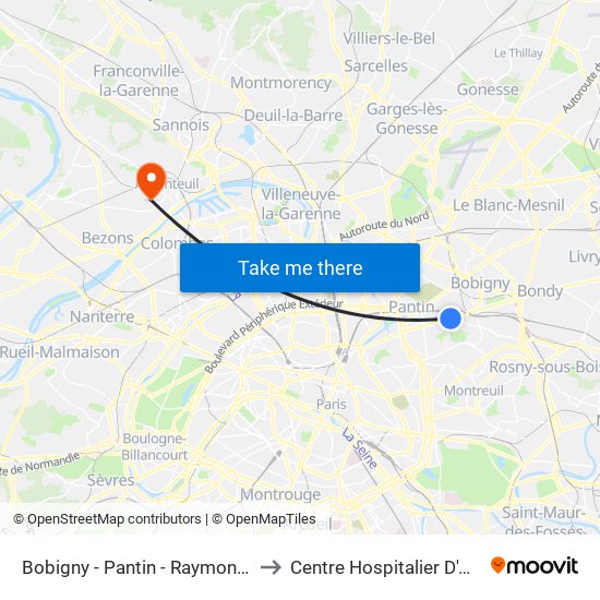 Bobigny - Pantin - Raymond Queneau to Centre Hospitalier D'Argenteuil map