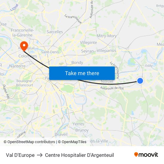 Val D'Europe to Centre Hospitalier D'Argenteuil map