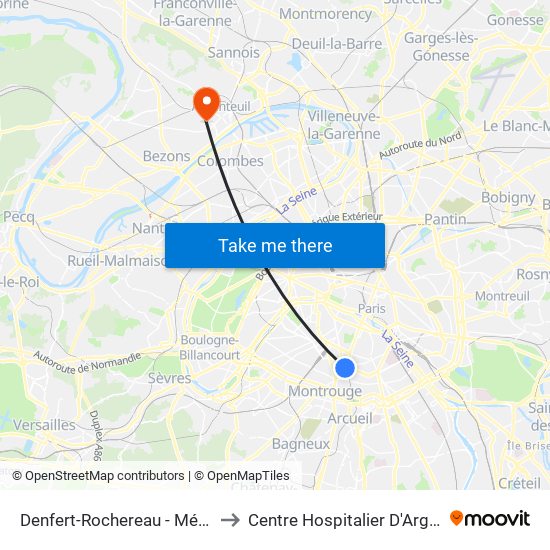 Denfert-Rochereau - Métro-Rer to Centre Hospitalier D'Argenteuil map