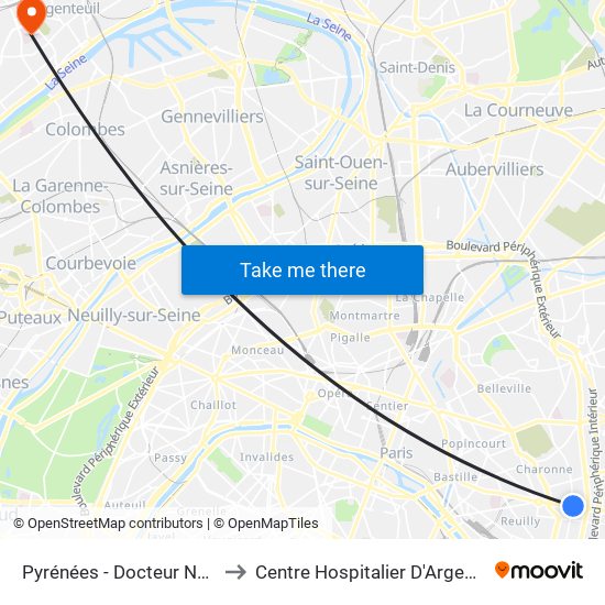Pyrénées - Docteur Netter to Centre Hospitalier D'Argenteuil map