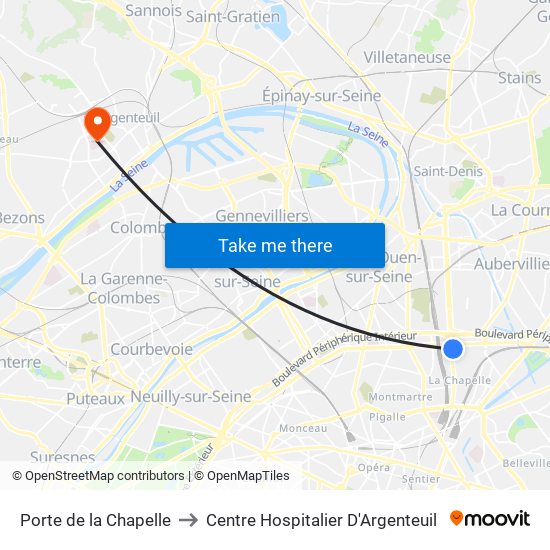 Porte de la Chapelle to Centre Hospitalier D'Argenteuil map