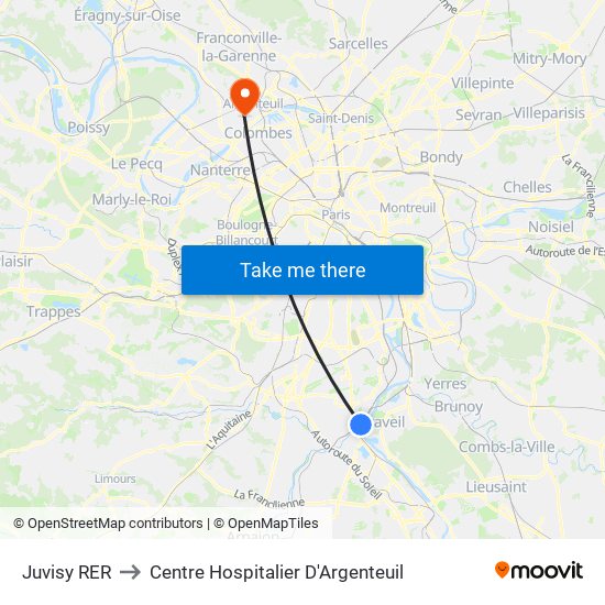 Juvisy RER to Centre Hospitalier D'Argenteuil map