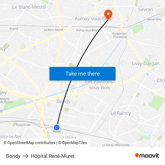 Bondy to Hôpital René-Muret map