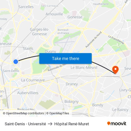 Saint-Denis - Université to Hôpital René-Muret map