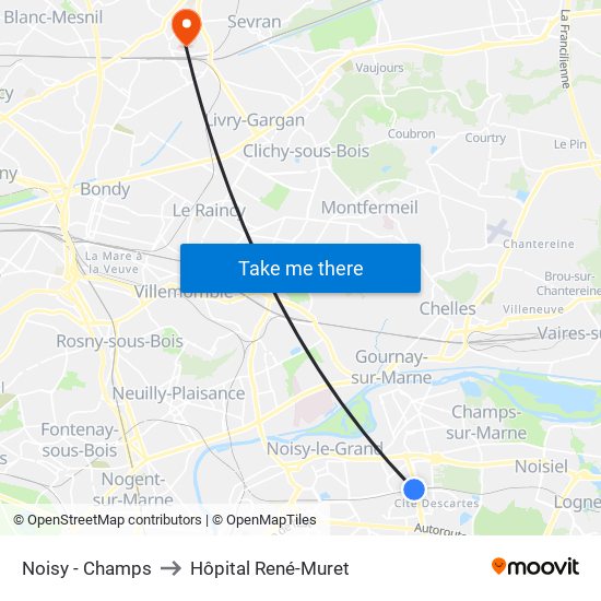 Noisy - Champs to Hôpital René-Muret map