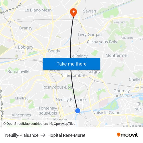 Neuilly-Plaisance to Hôpital René-Muret map