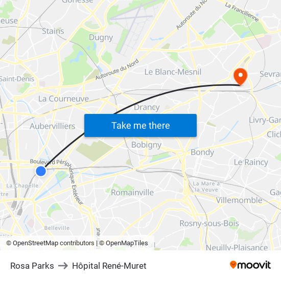 Rosa Parks to Hôpital René-Muret map