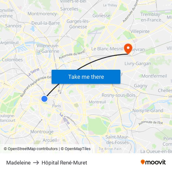 Madeleine to Hôpital René-Muret map