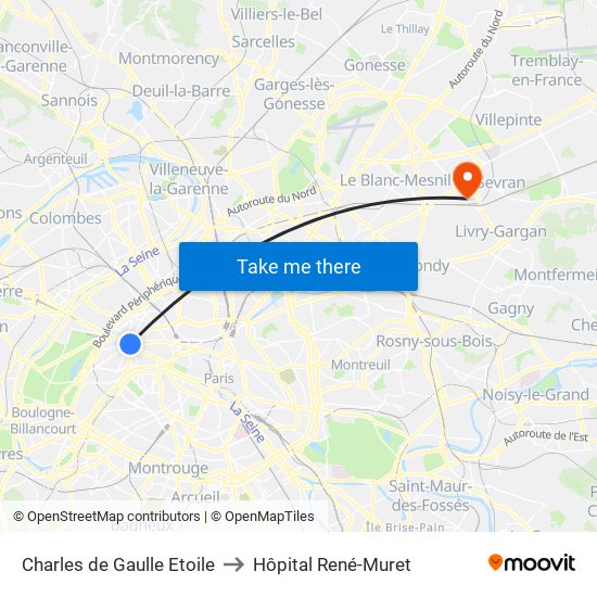 Charles de Gaulle Etoile to Hôpital René-Muret map
