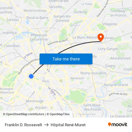 Franklin D. Roosevelt to Hôpital René-Muret map