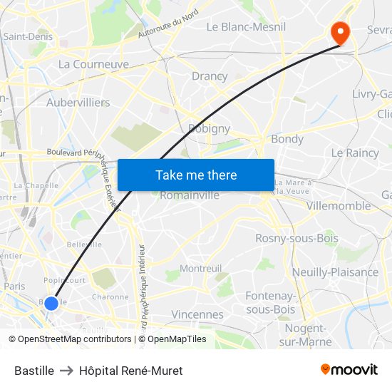 Bastille to Hôpital René-Muret map