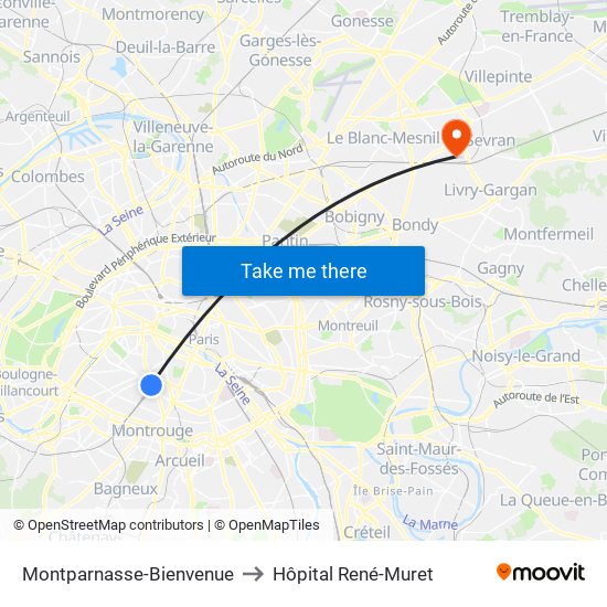 Montparnasse-Bienvenue to Hôpital René-Muret map