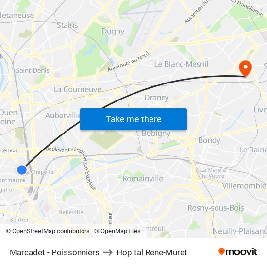 Marcadet - Poissonniers to Hôpital René-Muret map