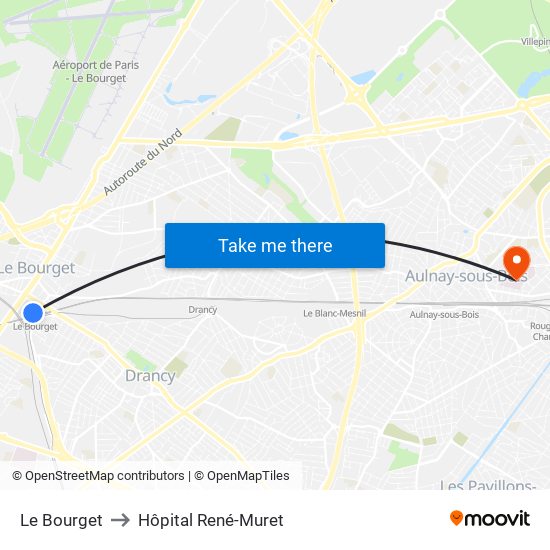 Le Bourget to Hôpital René-Muret map