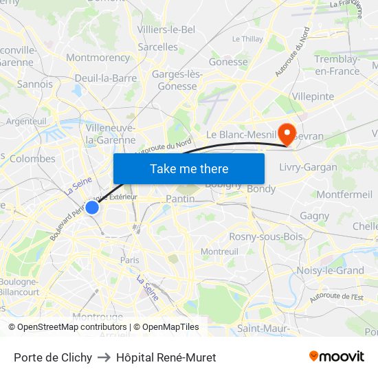 Porte de Clichy to Hôpital René-Muret map