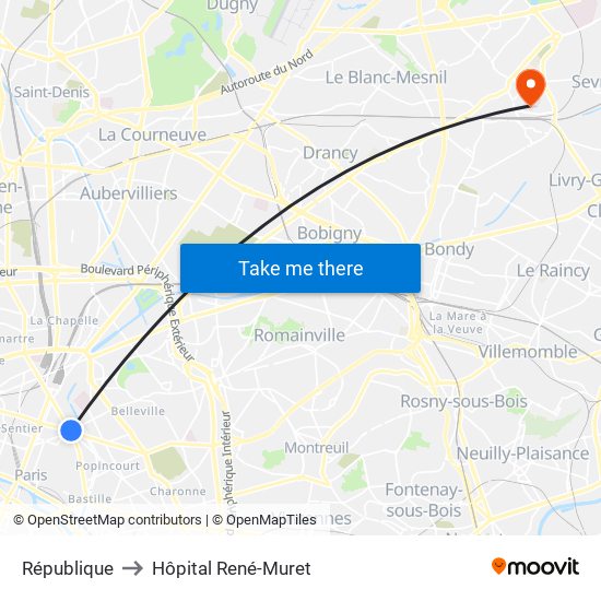 République to Hôpital René-Muret map