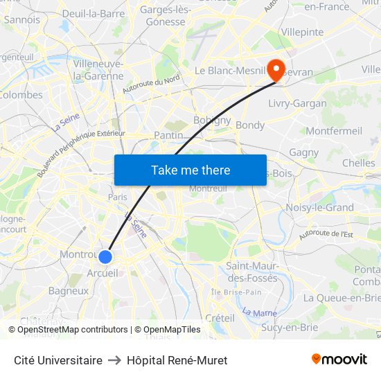 Cité Universitaire to Hôpital René-Muret map