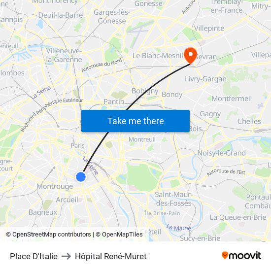 Place D'Italie to Hôpital René-Muret map