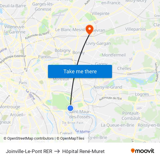 Joinville-Le-Pont RER to Hôpital René-Muret map