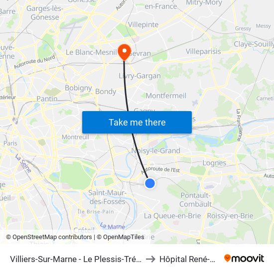 Villiers-Sur-Marne - Le Plessis-Trévise RER to Hôpital René-Muret map