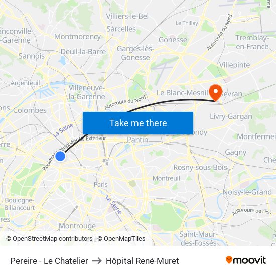 Pereire - Le Chatelier to Hôpital René-Muret map