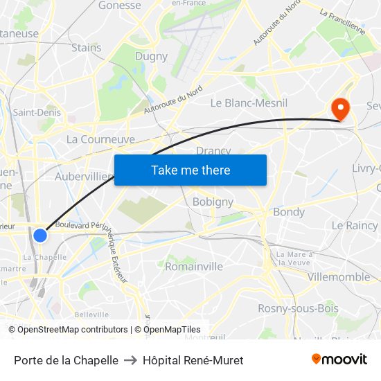 Porte de la Chapelle to Hôpital René-Muret map