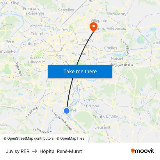 Juvisy RER to Hôpital René-Muret map