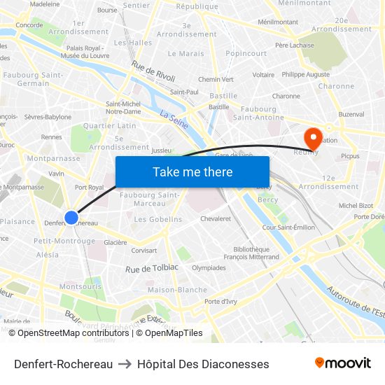 Denfert-Rochereau to Hôpital Des Diaconesses map