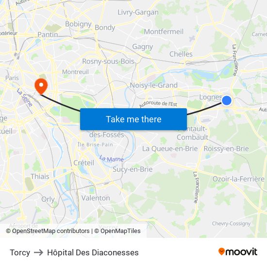 Torcy to Hôpital Des Diaconesses map