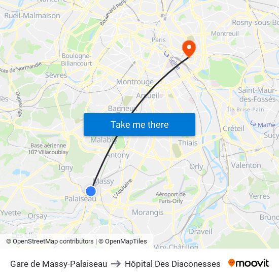 Gare de Massy-Palaiseau to Hôpital Des Diaconesses map