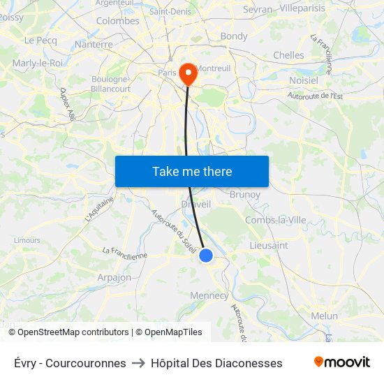 Évry - Courcouronnes to Hôpital Des Diaconesses map