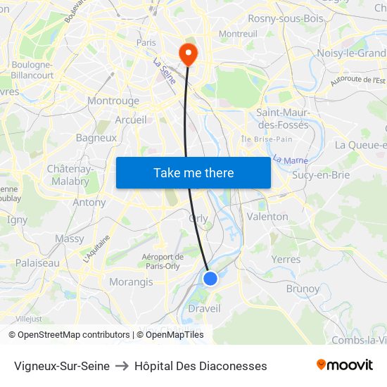 Vigneux-Sur-Seine to Hôpital Des Diaconesses map