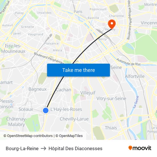 Bourg-La-Reine to Hôpital Des Diaconesses map