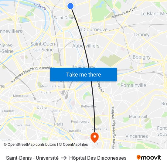 Saint-Denis - Université to Hôpital Des Diaconesses map