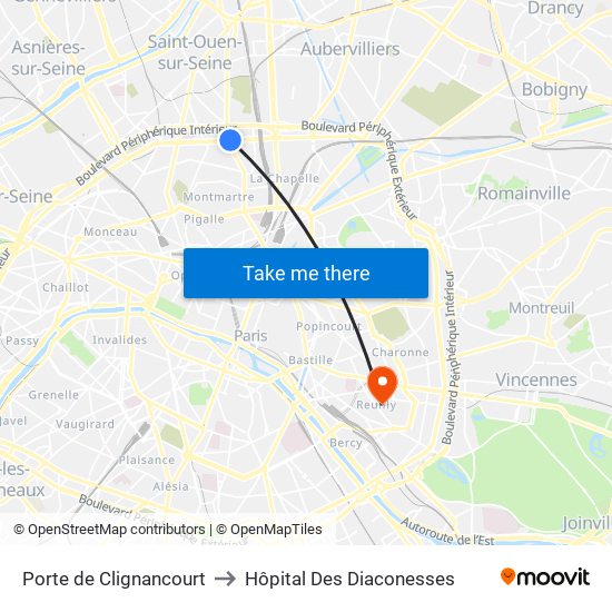 Porte de Clignancourt to Hôpital Des Diaconesses map