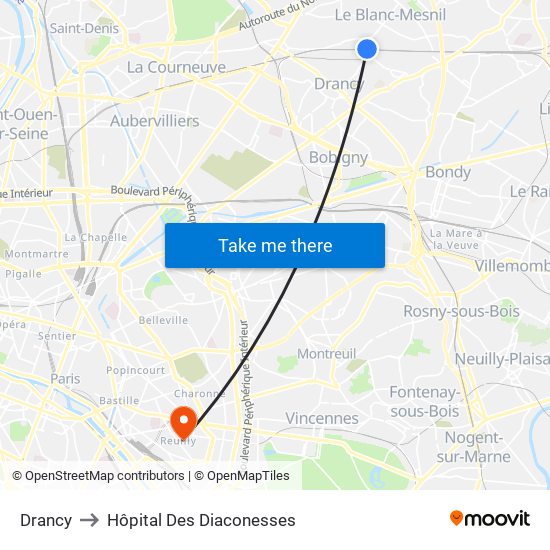 Drancy to Hôpital Des Diaconesses map