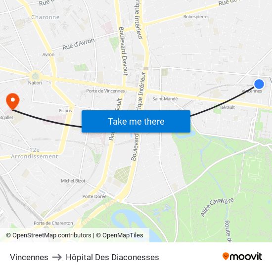 Vincennes to Hôpital Des Diaconesses map