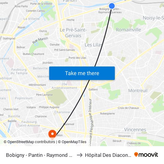 Bobigny - Pantin - Raymond Queneau to Hôpital Des Diaconesses map