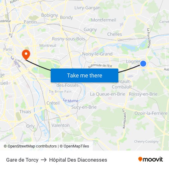 Gare de Torcy to Hôpital Des Diaconesses map