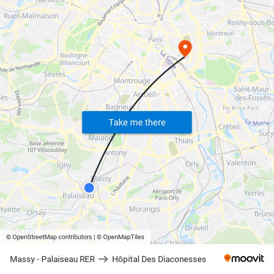 Massy - Palaiseau RER to Hôpital Des Diaconesses map