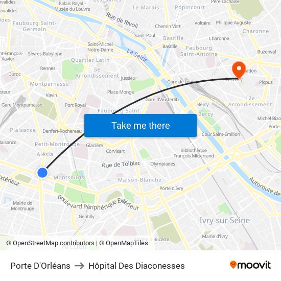 Porte D'Orléans to Hôpital Des Diaconesses map
