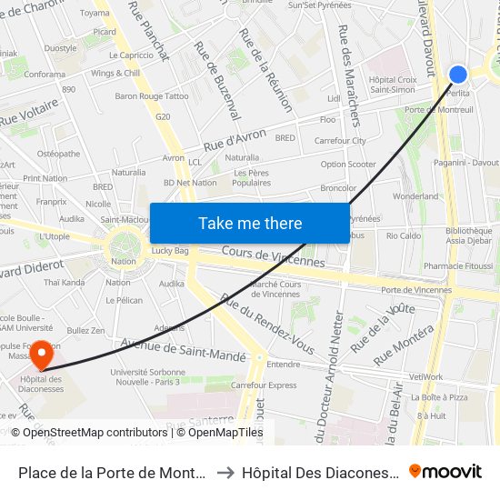 Place de la Porte de Montreuil to Hôpital Des Diaconesses map