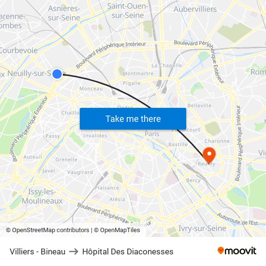 Villiers - Bineau to Hôpital Des Diaconesses map