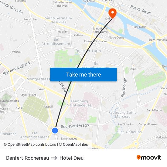 Denfert-Rochereau to Hôtel-Dieu map