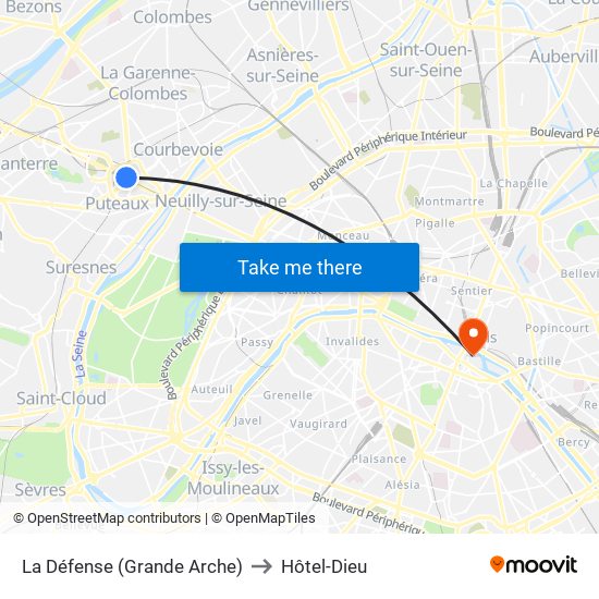 La Défense (Grande Arche) to Hôtel-Dieu map