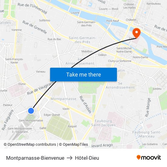 Montparnasse-Bienvenue to Hôtel-Dieu map