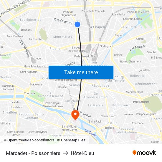 Marcadet - Poissonniers to Hôtel-Dieu map