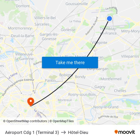 Aéroport Cdg 1 (Terminal 3) to Hôtel-Dieu map