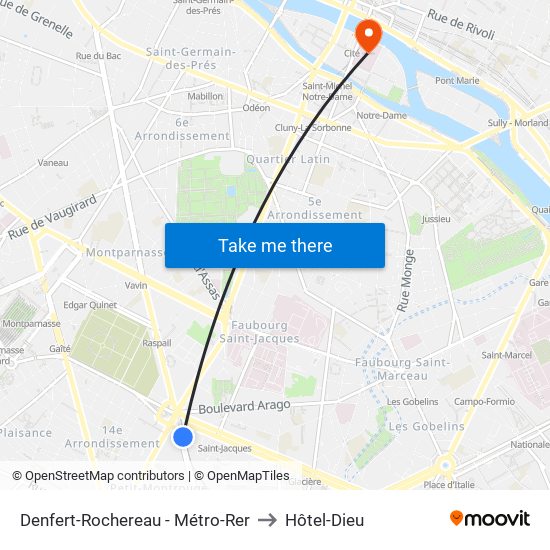 Denfert-Rochereau - Métro-Rer to Hôtel-Dieu map