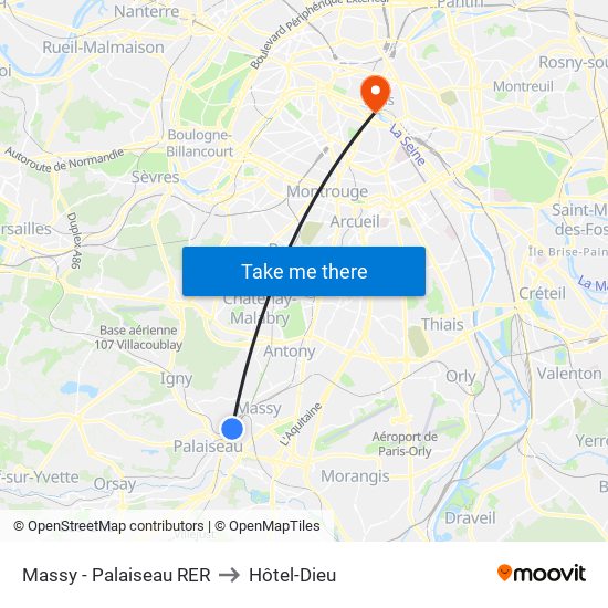 Massy - Palaiseau RER to Hôtel-Dieu map